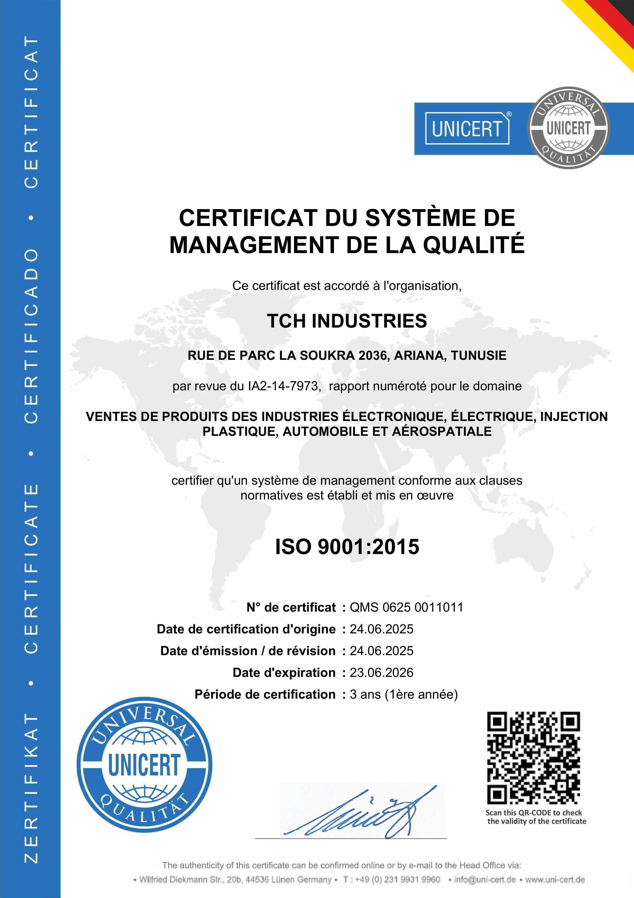 TCH Industries certifiée ISO 9001